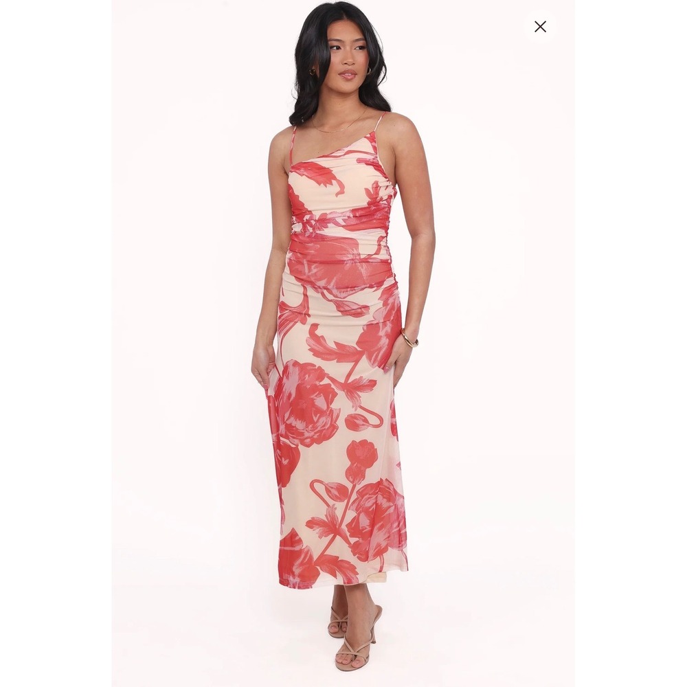 Petal & Pup Women's Jasmine Ruched Mesh Maxi Dress Red Floral M Wedding Guest